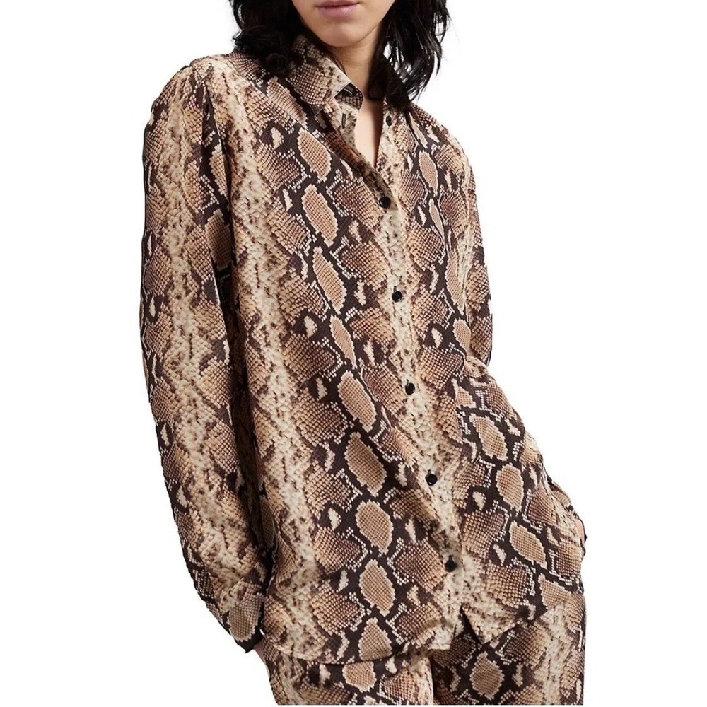 The Kooples NEW Snakeskin Python Print Long Sleeve Silk Shirt Beige/Brown‎ 1/S